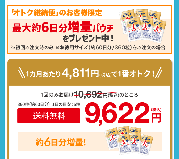 「オトク継続便」のお客様限定
最大約6日分増量パウチ
ロコモア
ロコモア
ロコモア
SUNTORY
ロコモア
ロコモア
SITORY
ロコモア
をプレゼント中!
※初回ご注文時のみ ※ お徳用サイズ (約60日分/360粒) をご注文の場合
1カ月あたり4,811円(税込)で1番オトク!//
1回のみお届け 10,692円(税込)のところ
(税込)
9,622 円
360粒(約60日分) 1日の目安: 6粒
送料無料
ロコモア
約6日分増量!
ロコモア
ロコモア
ロコモア
ロコモア
ロコモア