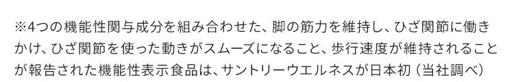 ※4つの機能性関与成分を組み合わせた、 脚の筋力を維持し、ひざ関節に働き
かけ、ひざ関節を使った動きがスムーズになること、 歩行速度が維持されること
が報告された機能性表示食品は、サントリーウエルネスが日本初 (当社調べ)