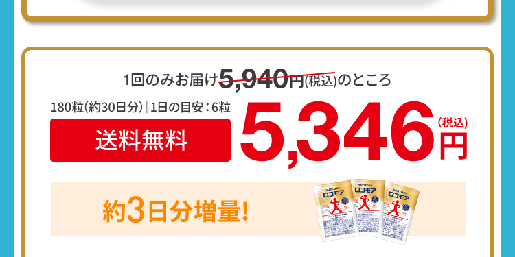 180粒(約30日分) 1日の目安:6粒
送料無料
1回のみお届け 5,940円(税込)のところ
5,346
ロコモア
ロコモア
ロコモア
約3日分増量!
(税込)