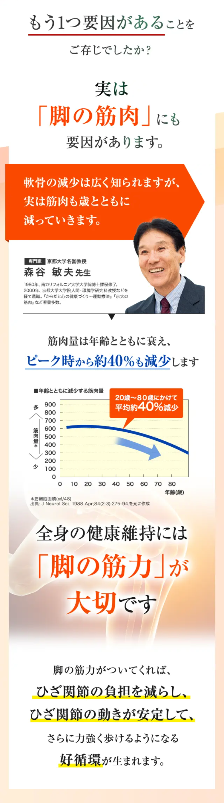 もう1つ要因があることをご存じでしたか？

実は「脚の筋肉」にも要因があります。

軟骨の減少は広く知られますが、実は筋肉も歳とともに減っていきます。 専門家 京都大学名誉教授 森谷 敏夫先生 1980年、南カリフォルニア大学大学院博士課程修了。2000年、京都大学大学院人間・環境学研究科教授などを経て現職。『からだと心の健康づくり〜運動療法』『京大の筋肉』など著書多数。

筋肉量は年齢とともに衰え、ピーク時から約40％も減少します 20歳〜80歳にかけて平均約40%減少 ＊総筋繊維数（×1000） 出典：J Neurol Sci.1988;84:275-294.（改変）

全身の健康維持には「脚の筋力」が大切です

脚の筋肉がついてくれば、ひざ関節の負担を減らし、ひざ関節の動きが安定して、さらに力強く歩けるようになる好循環が生まれます。