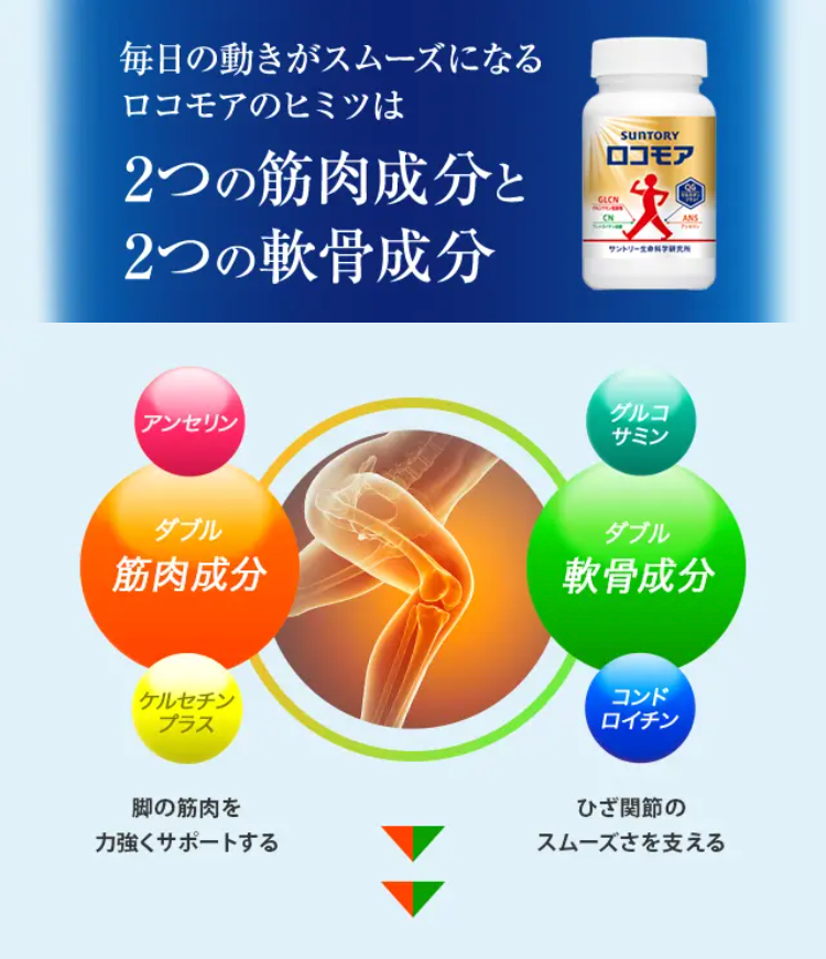 毎日の動きがスムーズになるロコモアのヒミツは2つの筋肉成分と2つの軟骨成分 サントリーロコモア

アンセリン ダブル筋肉成分 ケルセチンプラス 脚の筋肉を力強くサポートする グルコサミン ダブル軟骨成分 コンドロイチン ひざ関節のスムーズさを支える