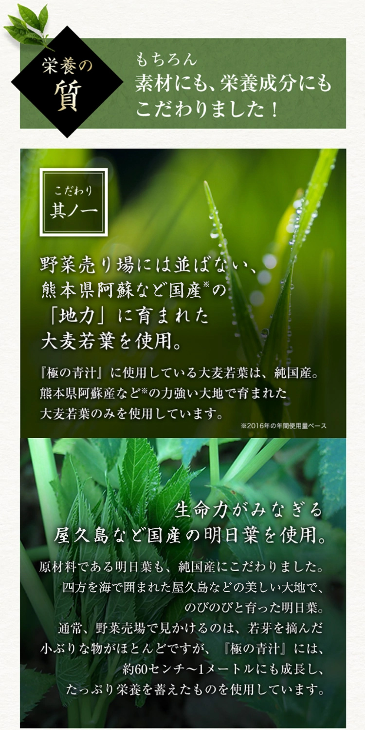 養
栄養の
質
もちろん
素材にも、栄養成分にも
こだわりました!
こだわり
其ノー
野菜売り場には並ばない、
熊本県阿蘇など国産*の
「地力」に育まれた
大麦若葉を使用。
『極の青汁』に使用している大麦若葉は、 純国産。
熊本県阿蘇産など※の力強い大地で育まれた
大麦若葉のみを使用しています。
※2016年の年間使用量ベース
生命力がみなぎる
屋久島など国産の明日葉を使用。
原材料である明日葉も、 純国産にこだわりました。
四方を海で囲まれた屋久島などの美しい大地で、
のびのびと育った明日葉。
通常、野菜売場で見かけるのは、 若芽を摘んだ
小ぶりな物がほとんどですが、 『極の青汁』には、
約60センチ~1メートルにも成長し、
たっぷり栄養を蓄えたものを使用しています。