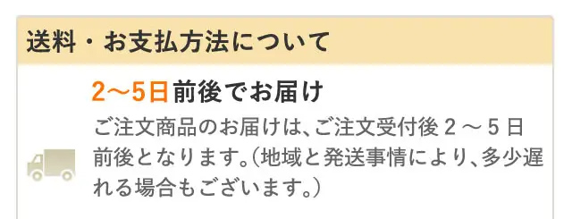 送料・お支払方法について
2~5日前後でお届け
ご注文商品のお届けは、ご注文受付後2~5日
前後となります。(地域と発送事情により、多少遅
れる場合もございます。)