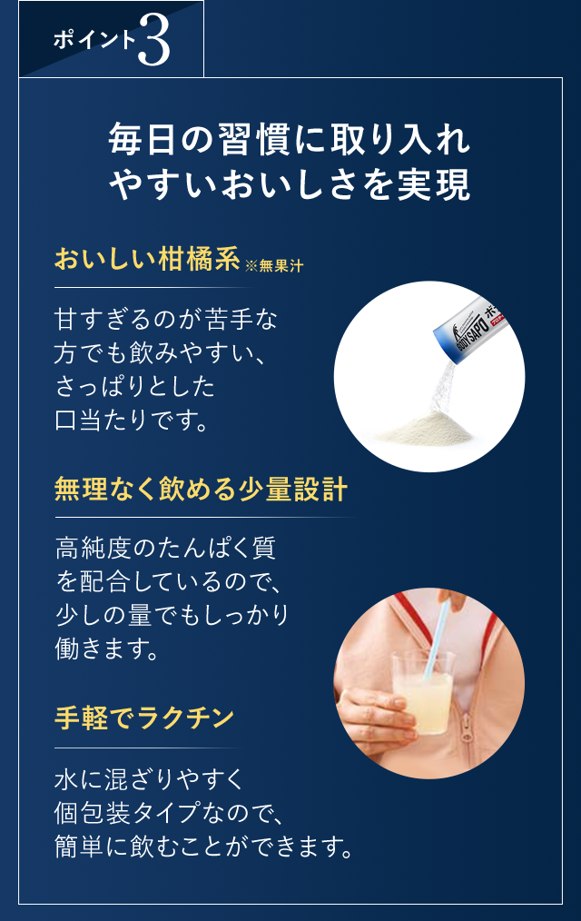 ポイント3
毎日の習慣に取り入れやすいおいしさを実現

おいしい柑橘系※無果汁
甘すぎるのが苦手な方でも飲みやすい、さっぱりとした口当たりです。　無理なく飲める少量設計　高純度のたんぱく質を配合しているので、少しの量でもしっかり働きます。　手軽でラクチン　水に混ざりやすく個包装タイプなので、簡単に飲むことができます。