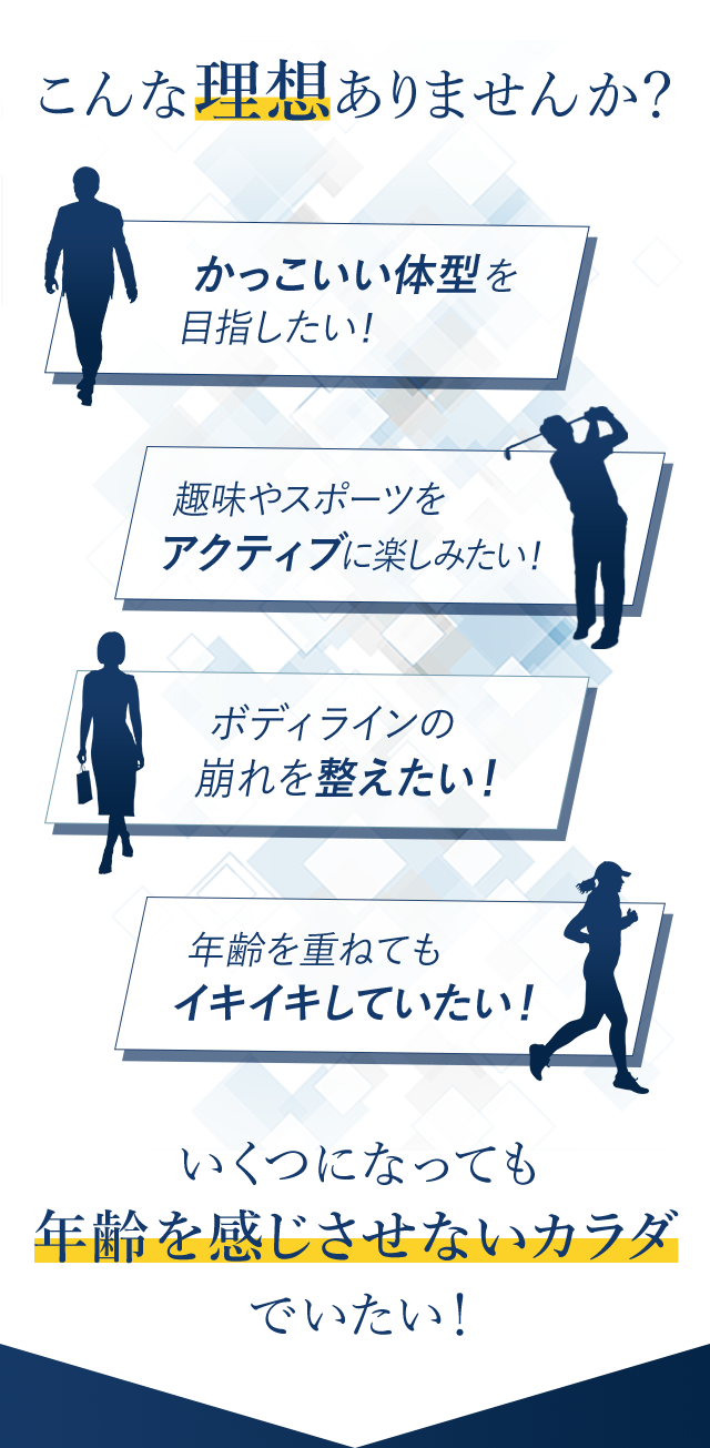 こんな理想ありませんか？

かっこいい体型を目指したい!
趣味やスポーツをアクティブに楽しみたい！
ボディラインの崩れを整えたい！
年齢を重ねてもイキイキしていたい！

いくつになっても年齢を感じさせないカラダでいたい！