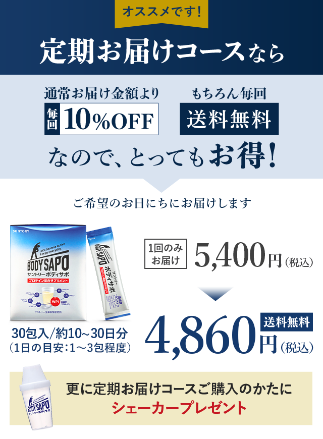 オススメです！定期お届けコースなら　通常お届け金額より毎回10%OFF もちろん毎回送料無料　なので、とってもお得！

ご希望のお日にちにお届けします　30包入/約10～30日分（1日の目安：1～3包程度）1回のみお届け　5,400 円（税込）が4,860 円（税込）　送料無料　更に定期お届けコースご購入のかたにシェーカープレゼント