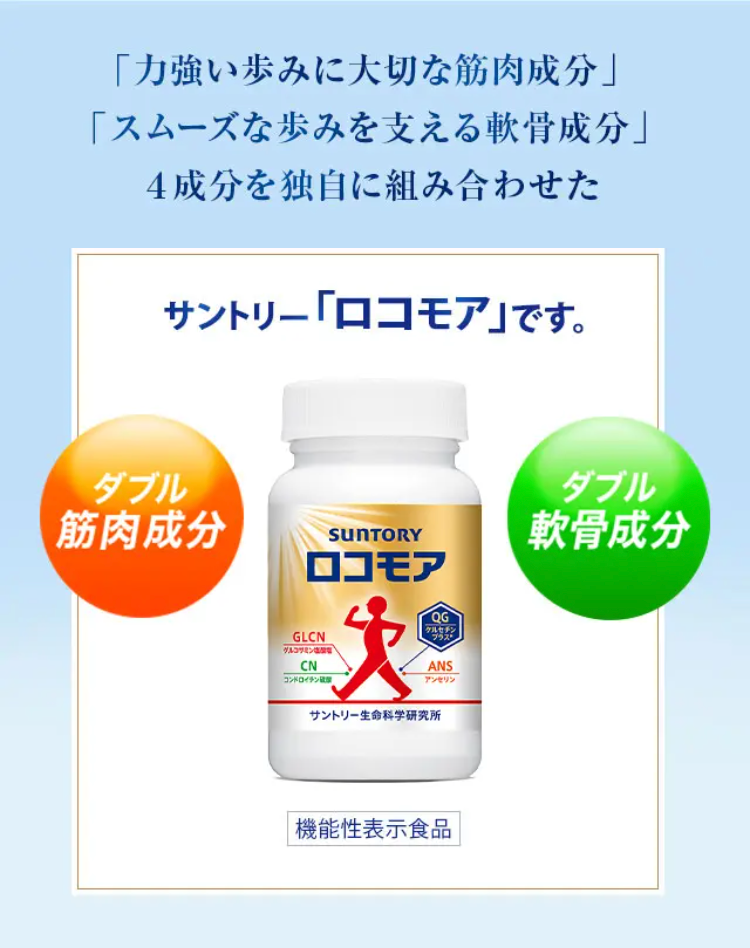 「力強い歩みに大切な筋肉成分」
「スムーズな歩みを支える軟骨成分」
4成分を独自に組み合わせた
サントリー「ロコモア」です。
筋肉成分
軟骨成分
機能性表示食品